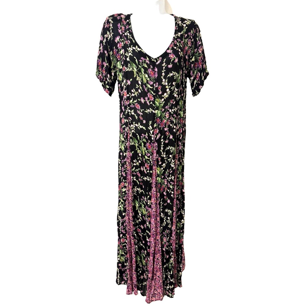 Vtg 90s Nostalgia Maxi Dress~S~Black Floral Gored Skirt Tie back Short Sl Grunge